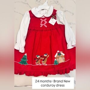 Red Holiday Corduroy Dress with Embroidery